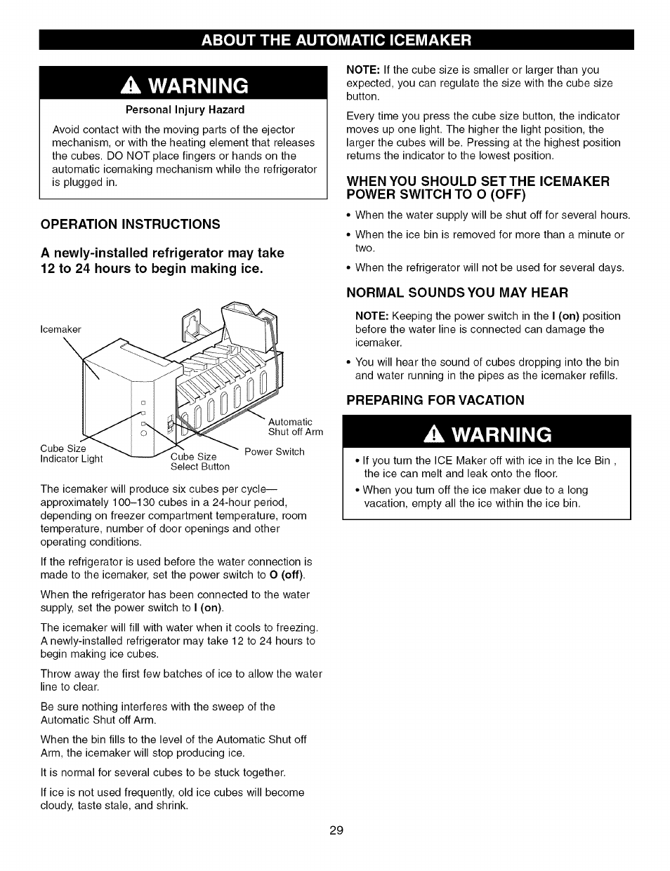 A warning, Operation instructions, Normal sounds you may hear | Preparing for vacation, Warning | Kenmore TRIO 795.7757 User Manual | Page 29 / 115