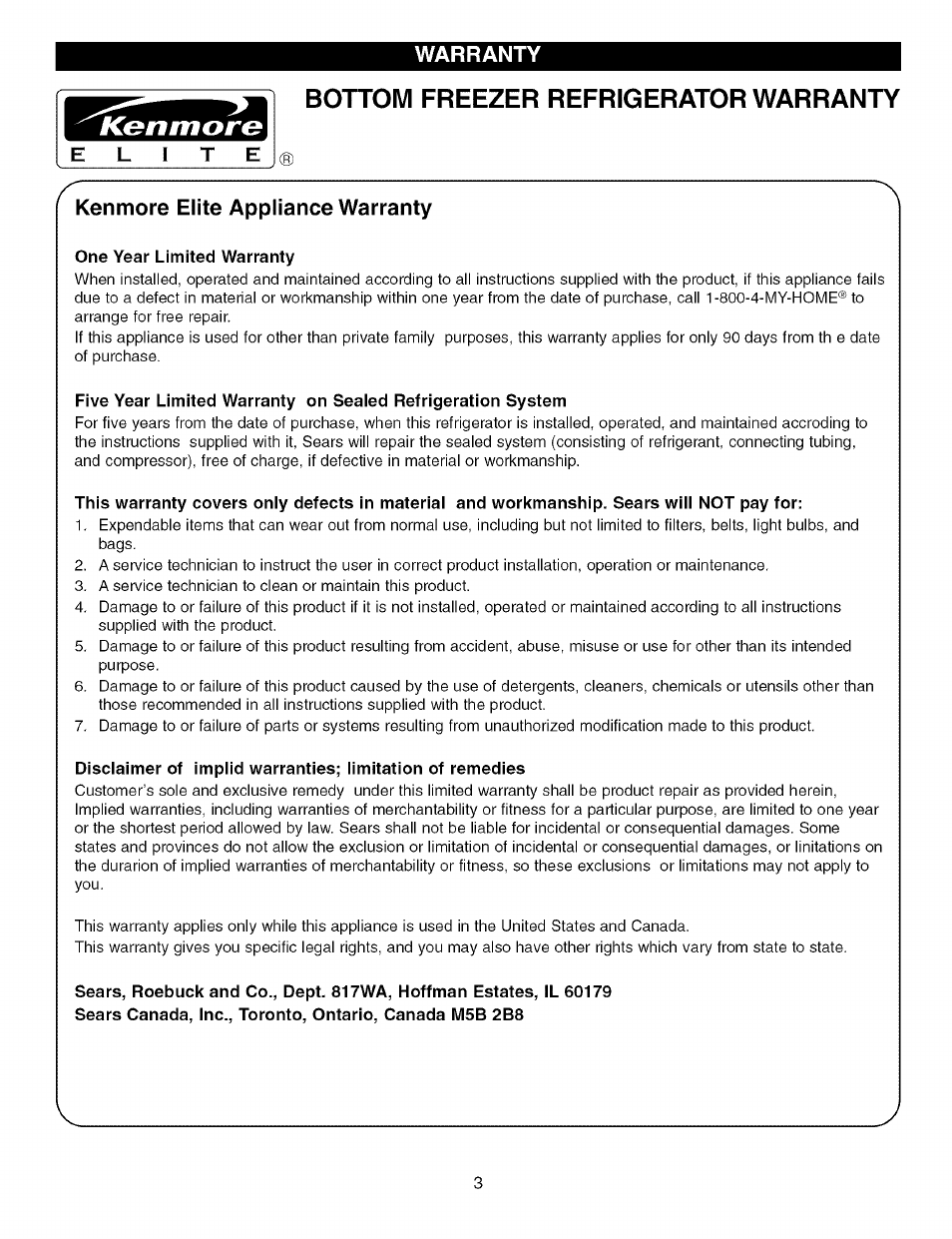 Bottom freezer refrigerator warranty, One year limited warranty, Warranty | Kenmore elite appliance warranty | Kenmore TRIO 795.7757 User Manual | Page 3 / 115