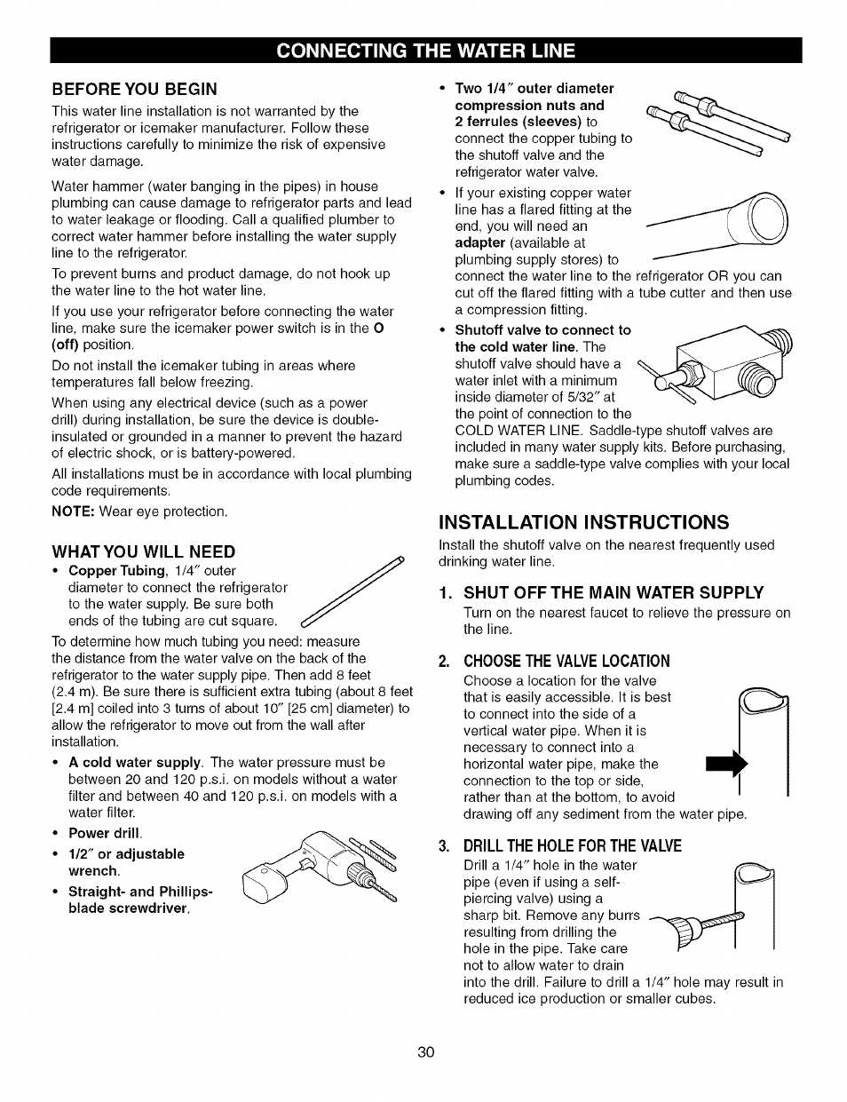 Before you begin, What you will need, Installation instructions | Shut off the main water supply, Choose the valve location, Drill the hole for the valve, Connecting the water line | Kenmore TRIO 795.7757 User Manual | Page 30 / 115