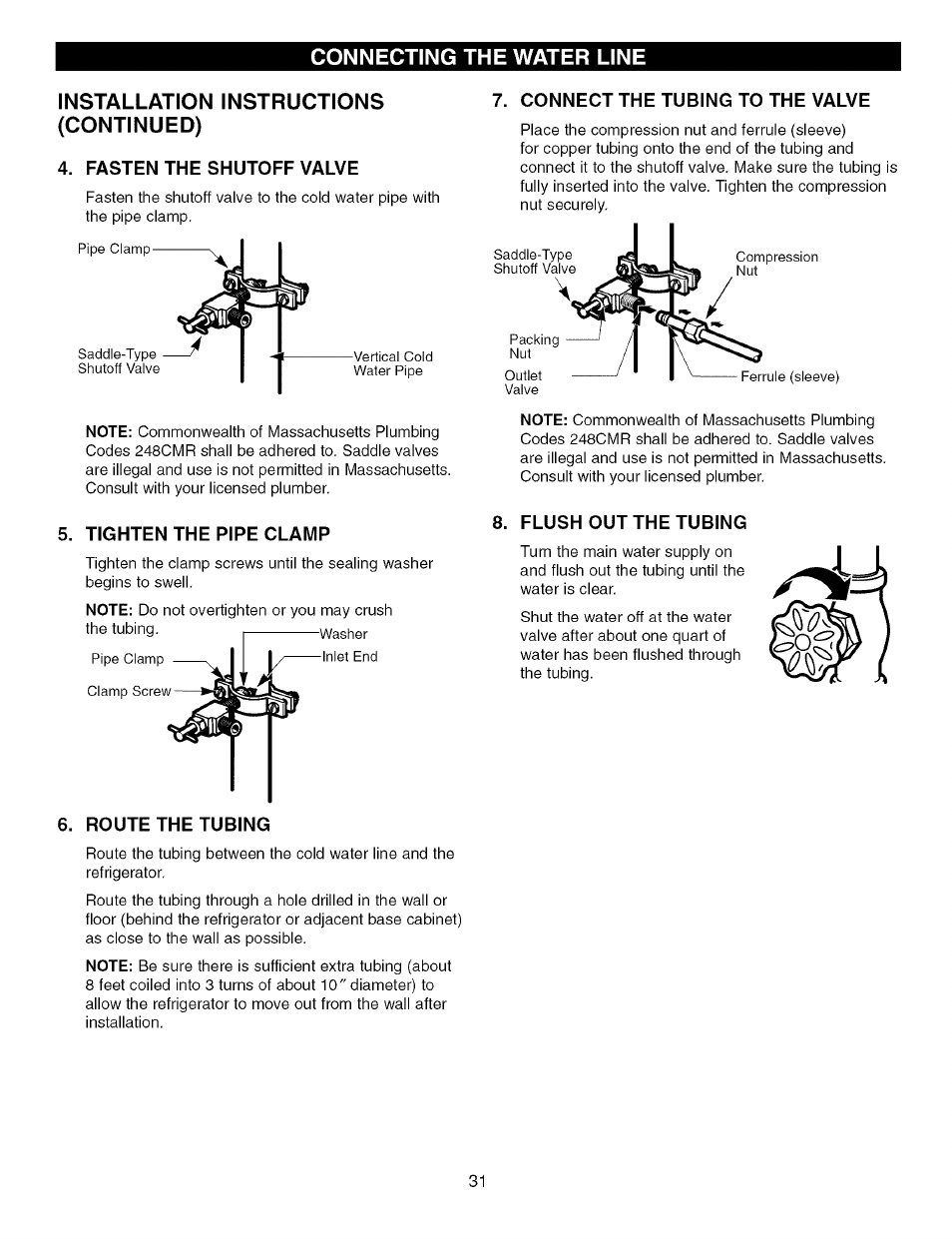 Installation instructions (continued), Fasten the shutoff valve, Tighten the pipe clamp | Connect the tubing to the valve, Flush out the tubing | Kenmore TRIO 795.7757 User Manual | Page 31 / 115