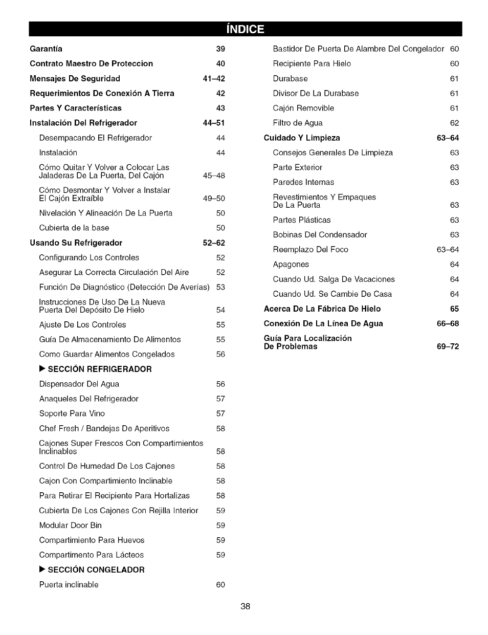 Indice | Kenmore TRIO 795.7757 User Manual | Page 38 / 115