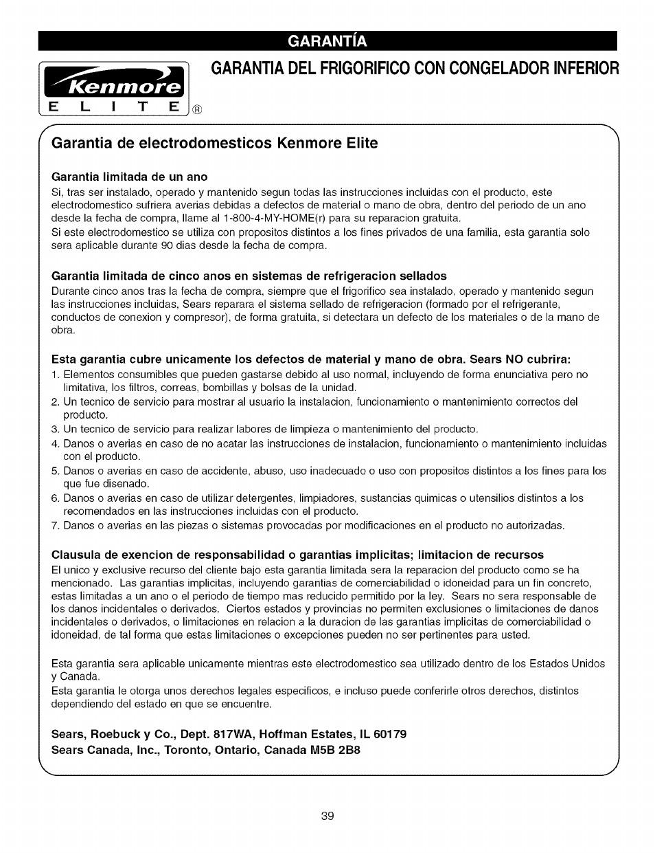 Garantia del frigorifico con congelador inferior, Garantía limitada de un ano, Garantia | Garantía de electrodomésticos kenmore elite | Kenmore TRIO 795.7757 User Manual | Page 39 / 115