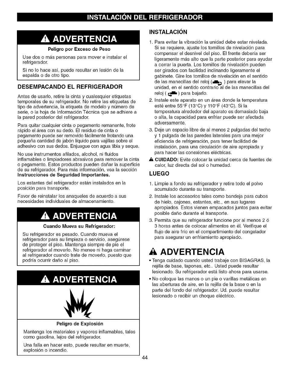 Desempacando el refrigerador, A advertencia, Instalacion | Luego, Advertencia | Kenmore TRIO 795.7757 User Manual | Page 44 / 115