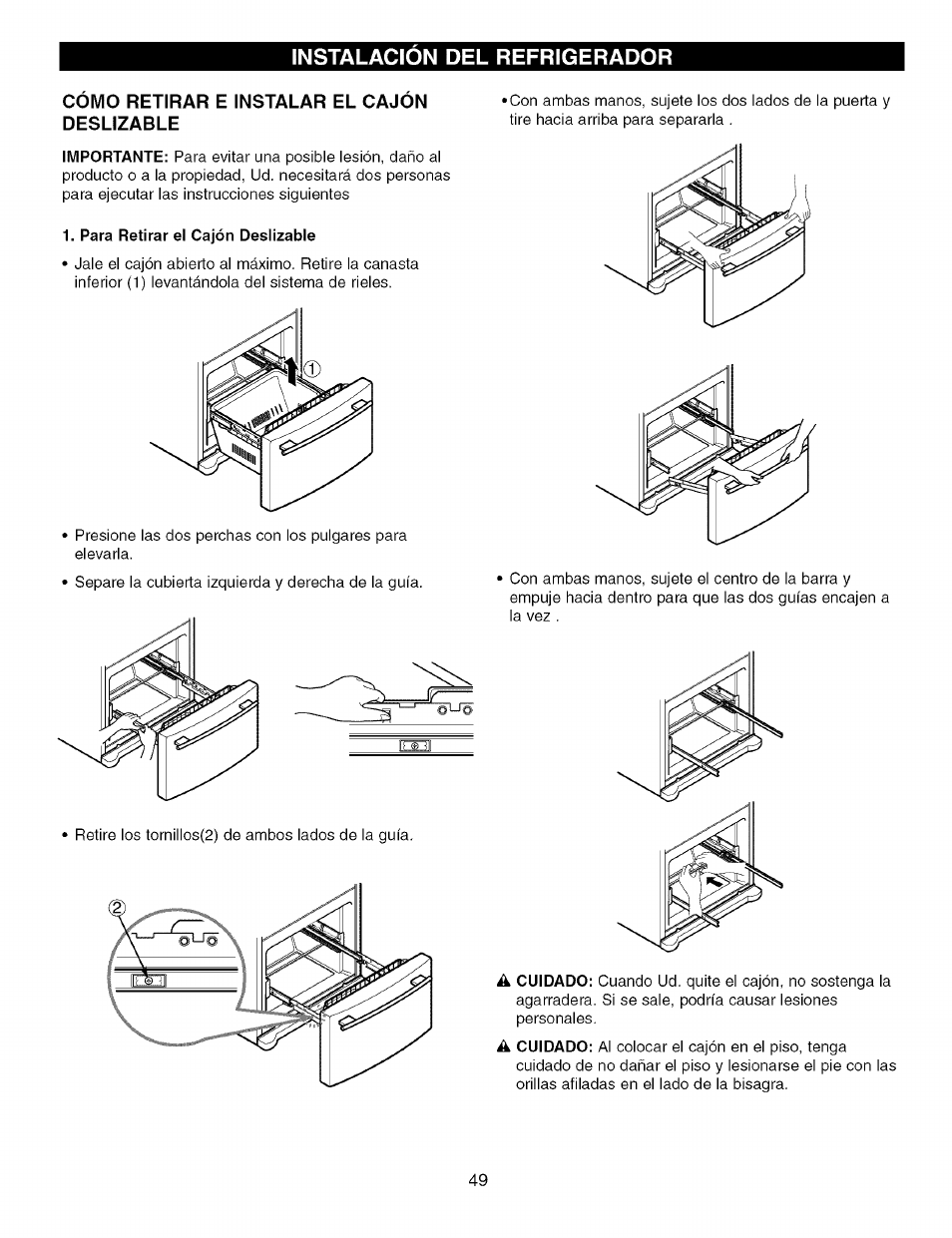 Como retirar e instalar el cajon deslizable, Instalacion del refrigerador | Kenmore TRIO 795.7757 User Manual | Page 49 / 115