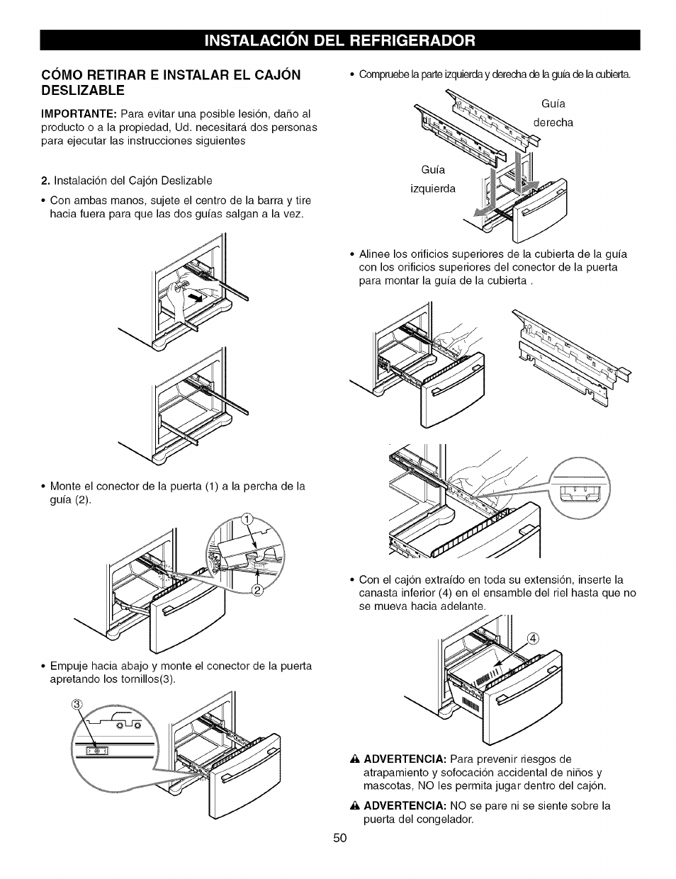 Como retirar e instalar el cajon deslizable, Instalacion del refrigerador | Kenmore TRIO 795.7757 User Manual | Page 50 / 115