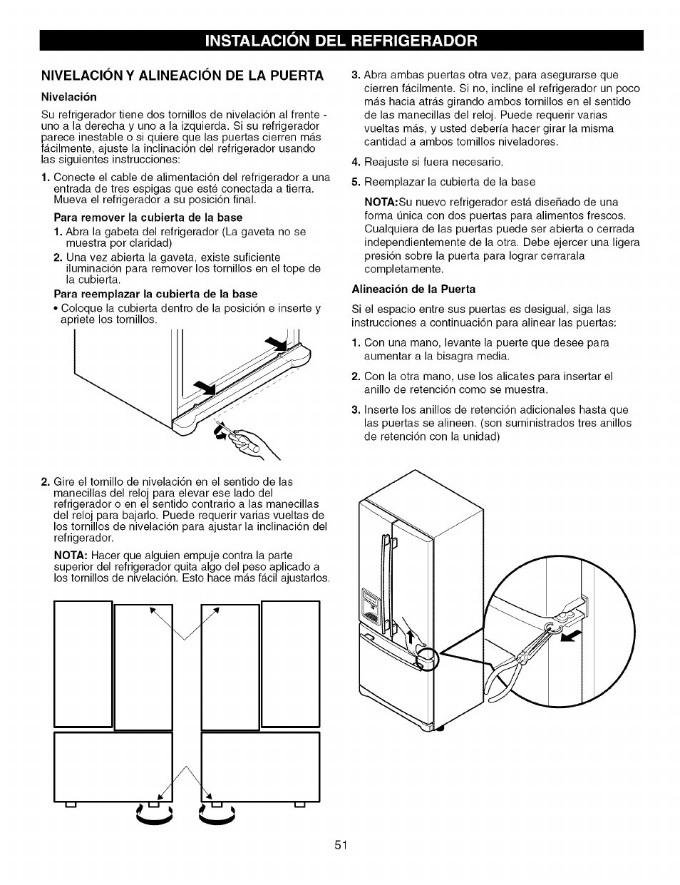 Nivelacion y alineacion de la puerta, Instalacion del refrigerador | Kenmore TRIO 795.7757 User Manual | Page 51 / 115