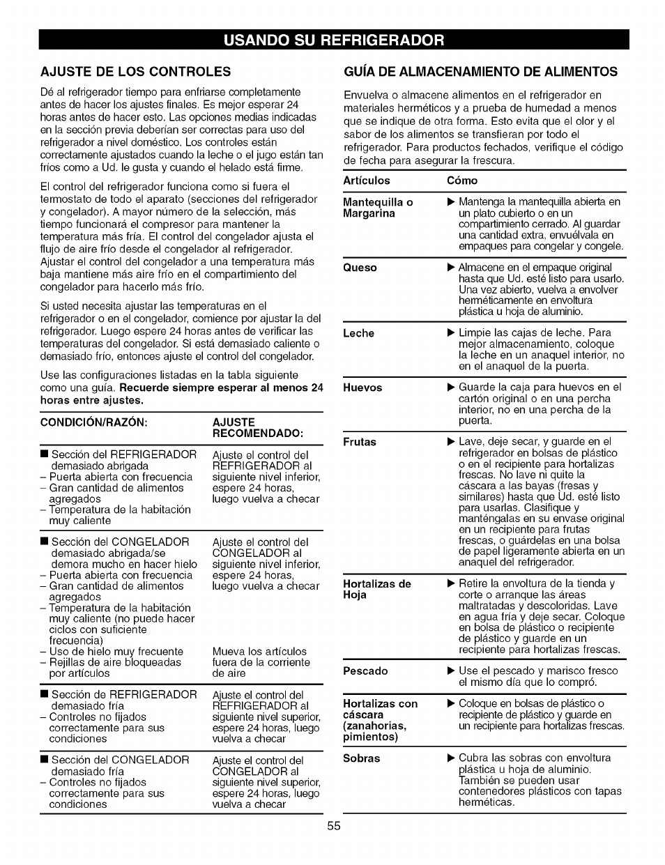 Ajuste de los controles, Guia de almacenamiento de alimentos, Usando su refrigerador | Kenmore TRIO 795.7757 User Manual | Page 55 / 115