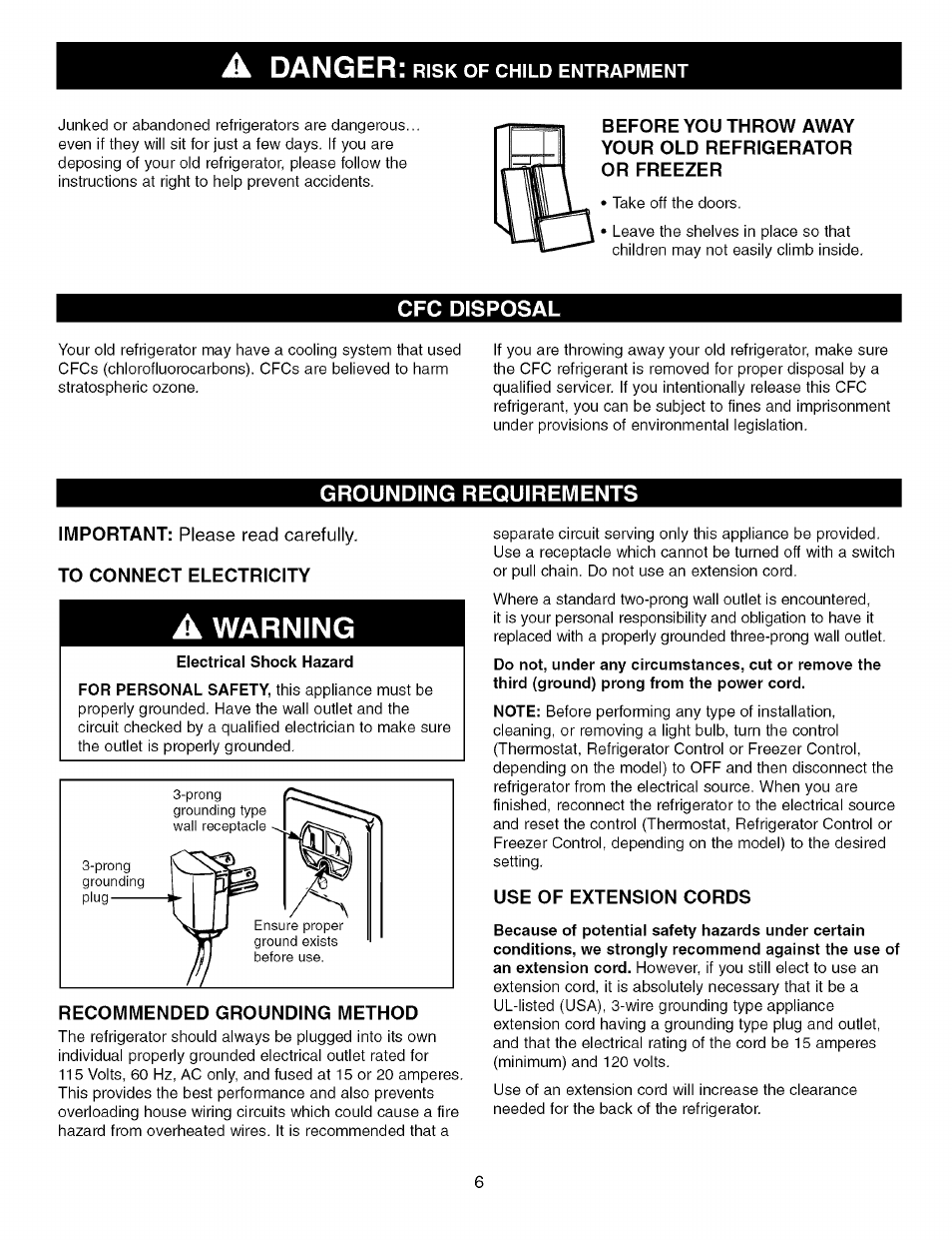 Cfc disposal, Grounding requirements, A warning | Recommended grounding method, Use of extension cords, Danger, Warning | Kenmore TRIO 795.7757 User Manual | Page 6 / 115