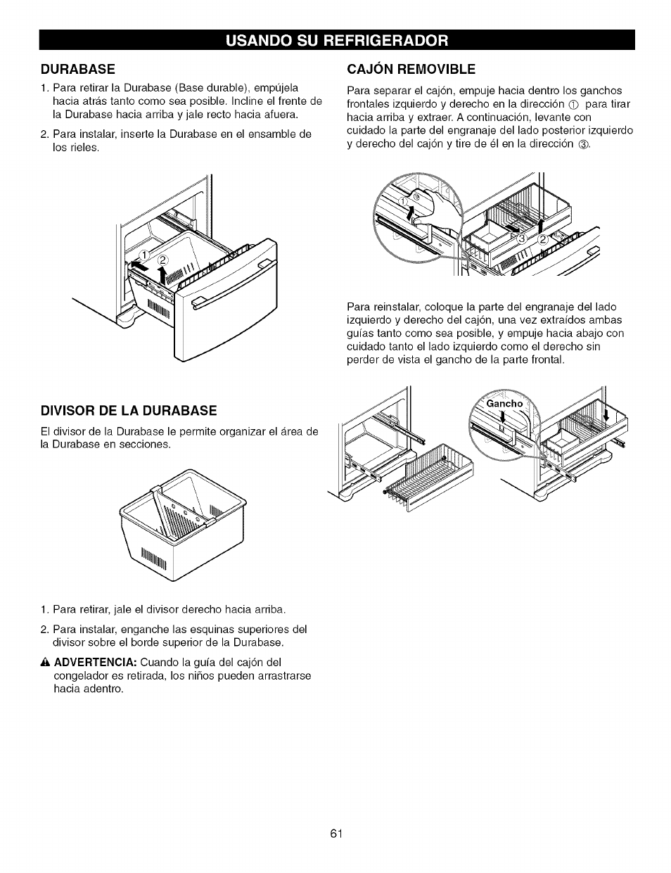 Durabase, Cajon removible, Divisor de la durabase | Usando su refrigerador | Kenmore TRIO 795.7757 User Manual | Page 61 / 115