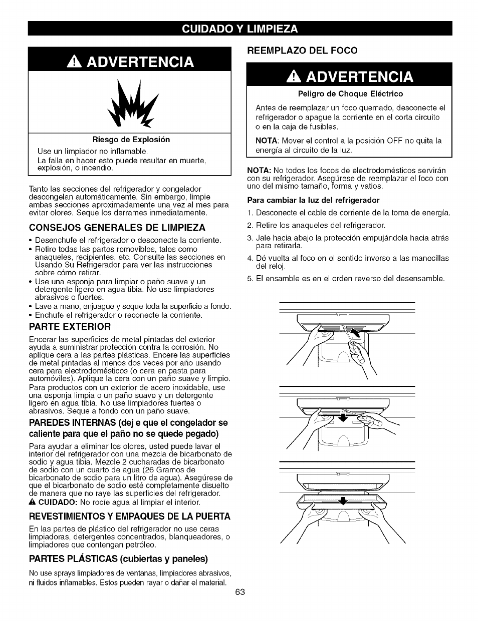 A advertencia, Reemplazo del foco, Consejos generales de limpieza | Parte exterior, Revestimientos y empaques de la puerta, Partes plásticas (cubiertas y paneles), Advertencia | Kenmore TRIO 795.7757 User Manual | Page 63 / 115