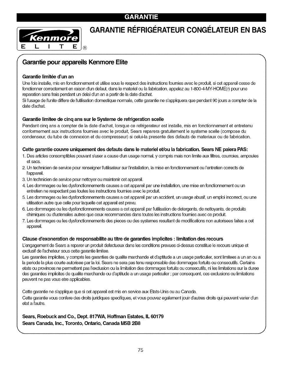 Garantie, Garantie refrigerateur congelateur en bas, Garantie pour appareils kenmore elite | Garantie limitée d’un an | Kenmore TRIO 795.7757 User Manual | Page 75 / 115