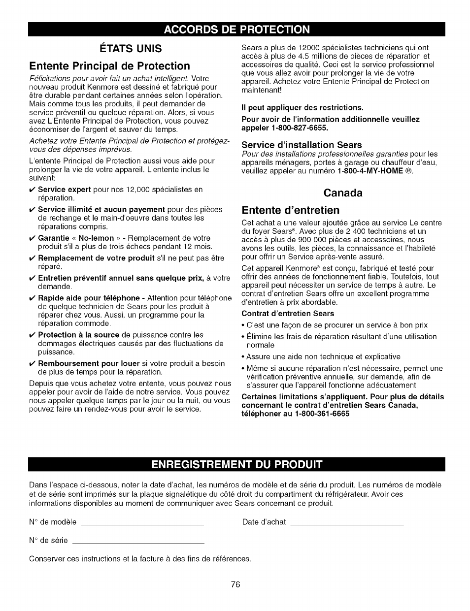 Accords de protection, Etats unis, Entente principal de protection | Service d'installation sears, Canada, Entente d’entretien, Enregistrement du produit, Canada entente d’entretien | Kenmore TRIO 795.7757 User Manual | Page 76 / 115