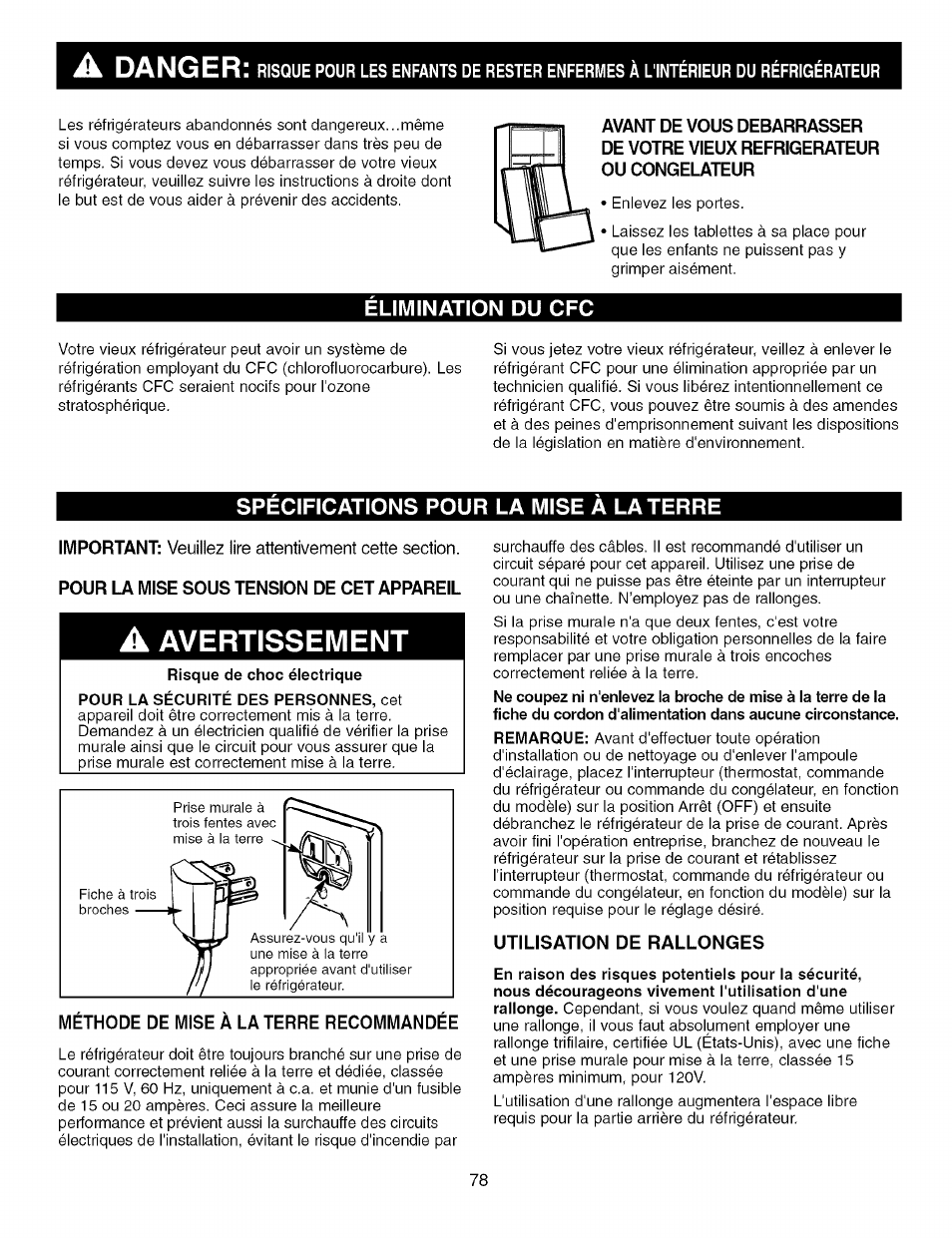 Elimination du cfc, Spécifications pour la mise à [_д, A avertissement | Methode de mise a la terre recommandee, Utilisation de rallonges, Spécifications pour la mise à la terre, Danger, Avertissement | Kenmore TRIO 795.7757 User Manual | Page 78 / 115