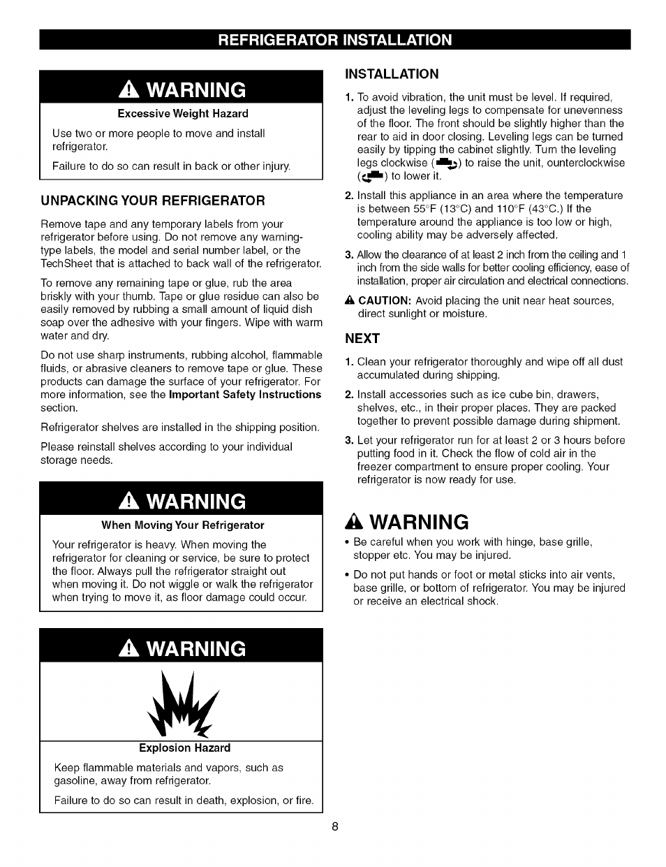 A warning, Unpacking your refrigerator, Installation | Next, Warning | Kenmore TRIO 795.7757 User Manual | Page 8 / 115