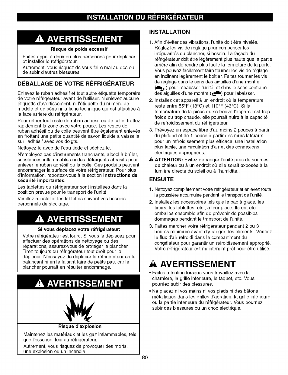 A avertissement, Deballage de votre refrigerateur, Installation | Ensuite, Déballage du réfrigérateur, Avertissement | Kenmore TRIO 795.7757 User Manual | Page 80 / 115