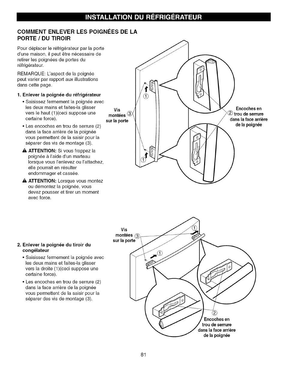 Installation du refrigerateur | Kenmore TRIO 795.7757 User Manual | Page 81 / 115