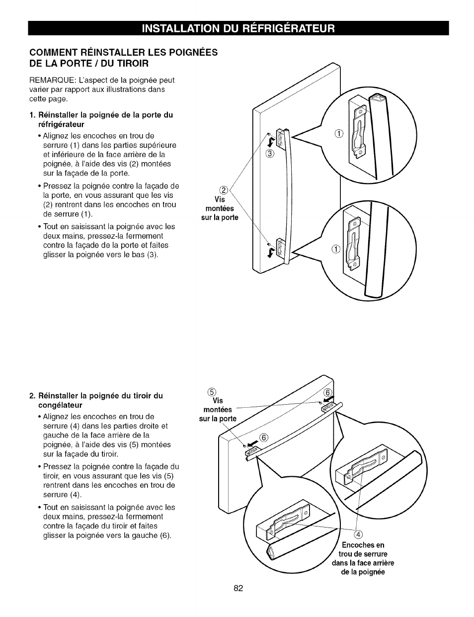 Installation du refrigerateur | Kenmore TRIO 795.7757 User Manual | Page 82 / 115