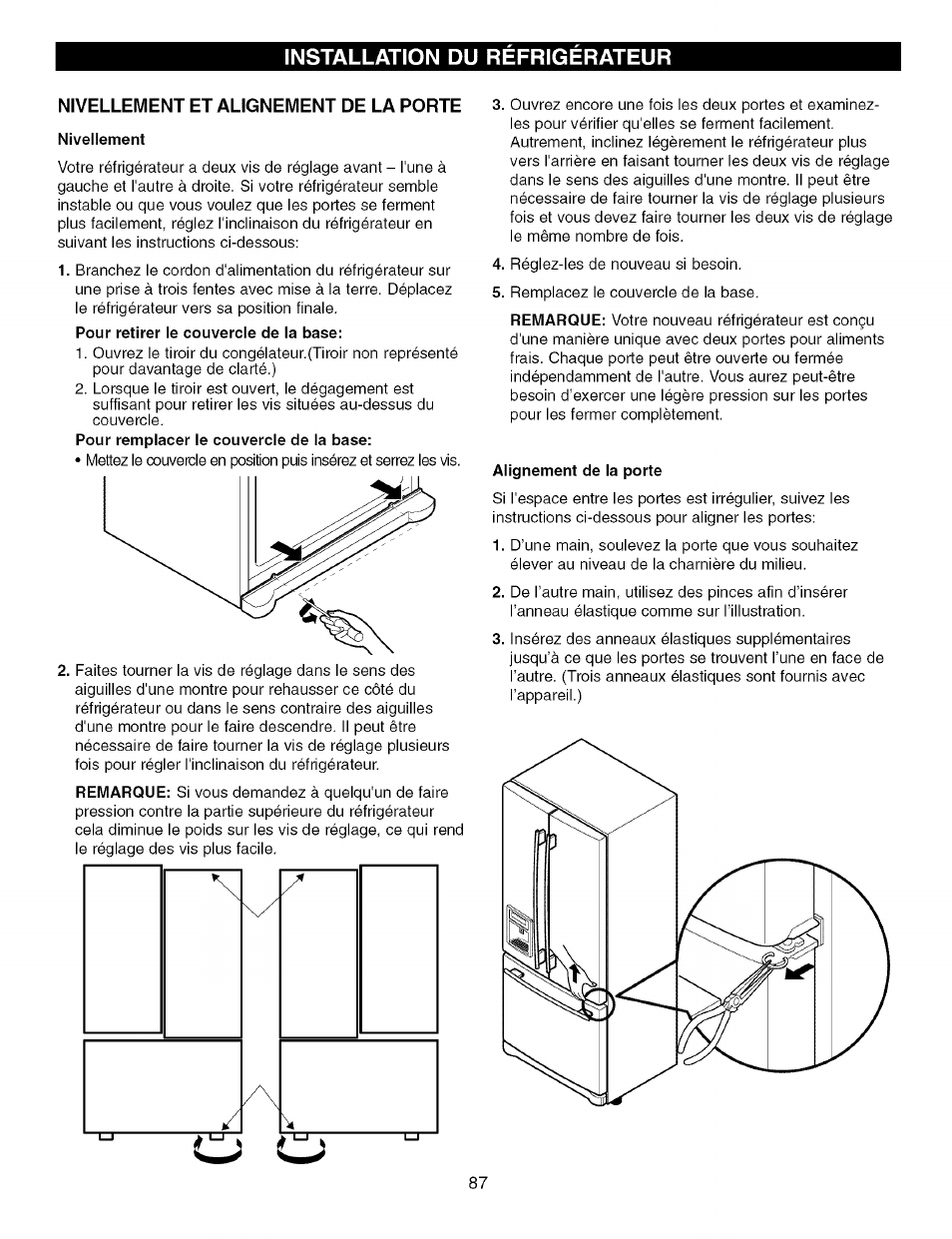 Nivellement et alignement de la porte, Installation du refrigerateur | Kenmore TRIO 795.7757 User Manual | Page 87 / 115