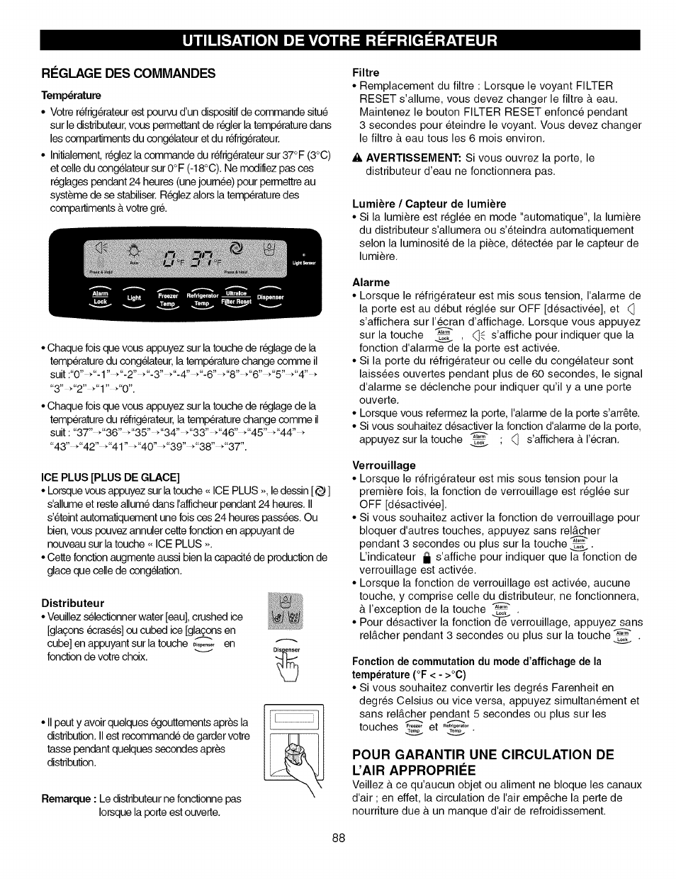 Reglage des commandes, Pour garantir une circulation de lair appropriée, Assurer une circulation d'air appropriée | Utilisation de votre refrigerateur | Kenmore TRIO 795.7757 User Manual | Page 88 / 115