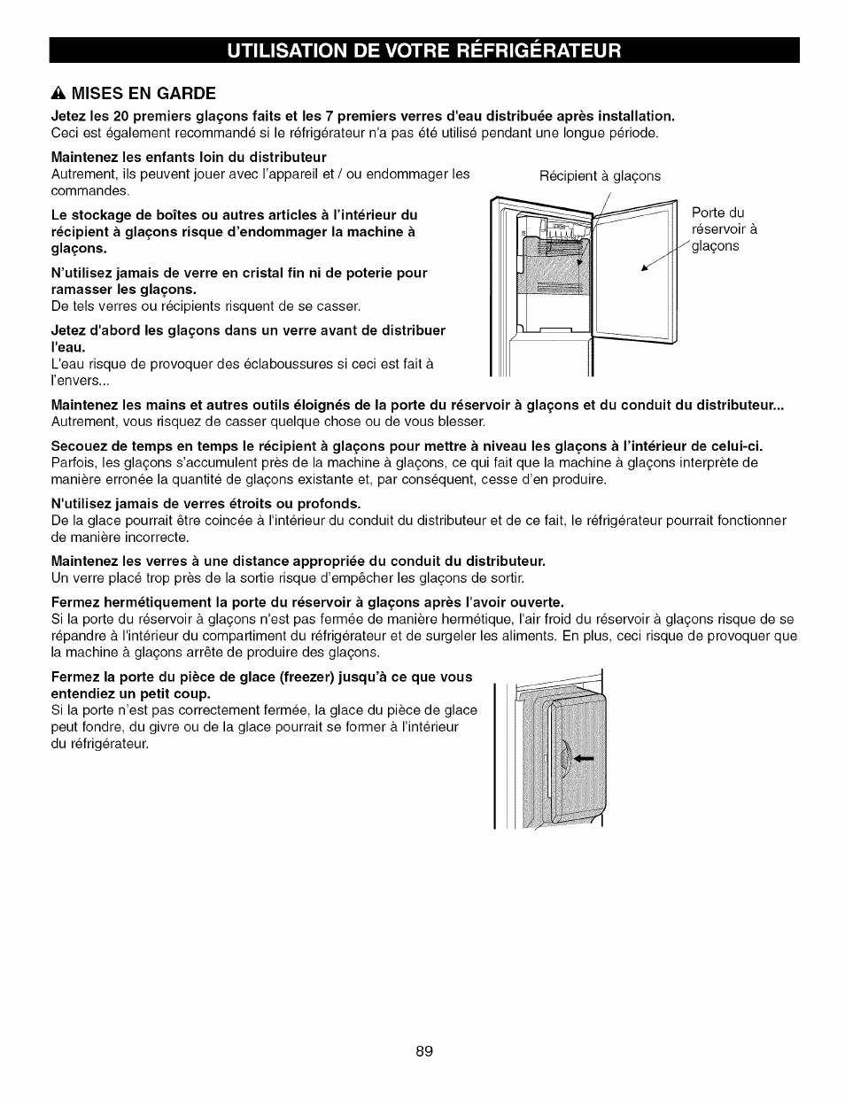 A mises en garde, Utilisation de votre refrigerateur | Kenmore TRIO 795.7757 User Manual | Page 89 / 115