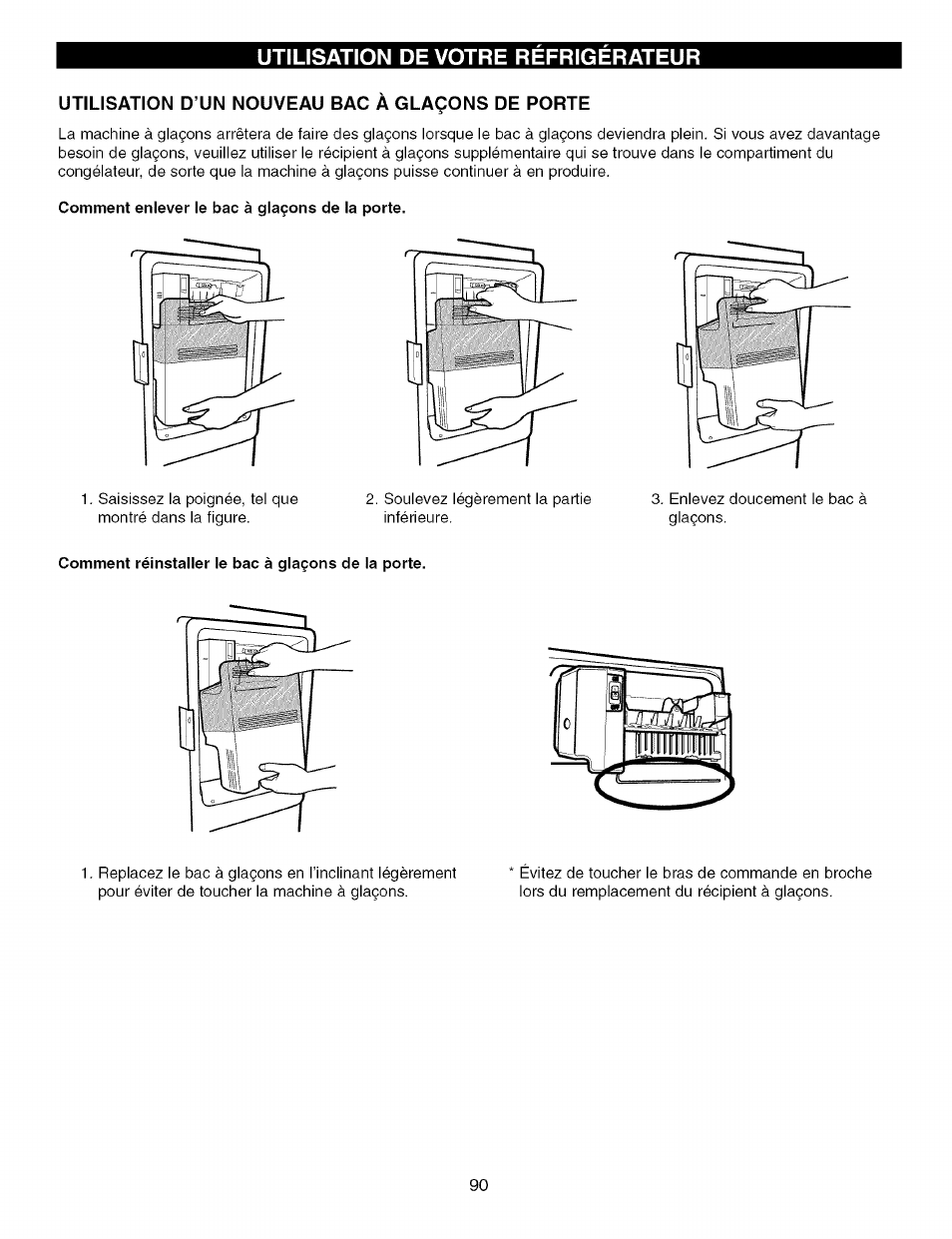 Utilisation d’un nouveau bac à glaçons de porte, Utilisation de votre refrigerateur | Kenmore TRIO 795.7757 User Manual | Page 90 / 115