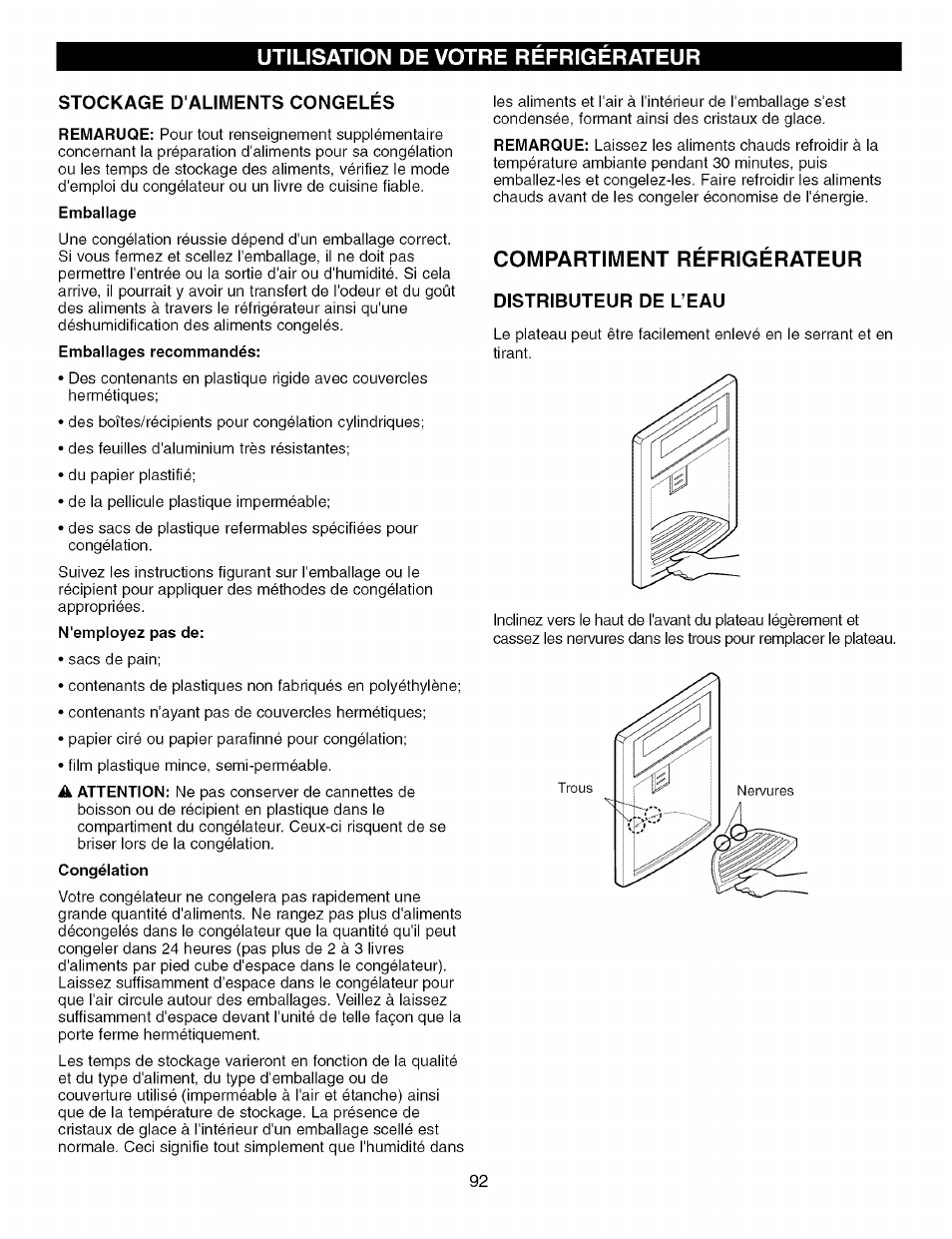 Stockage d'aliments congeles, Compartiment refrigerateur, Distributeur de l’eau | Stockage d'aliments congelés, Utilisation de votre refrigerateur | Kenmore TRIO 795.7757 User Manual | Page 92 / 115