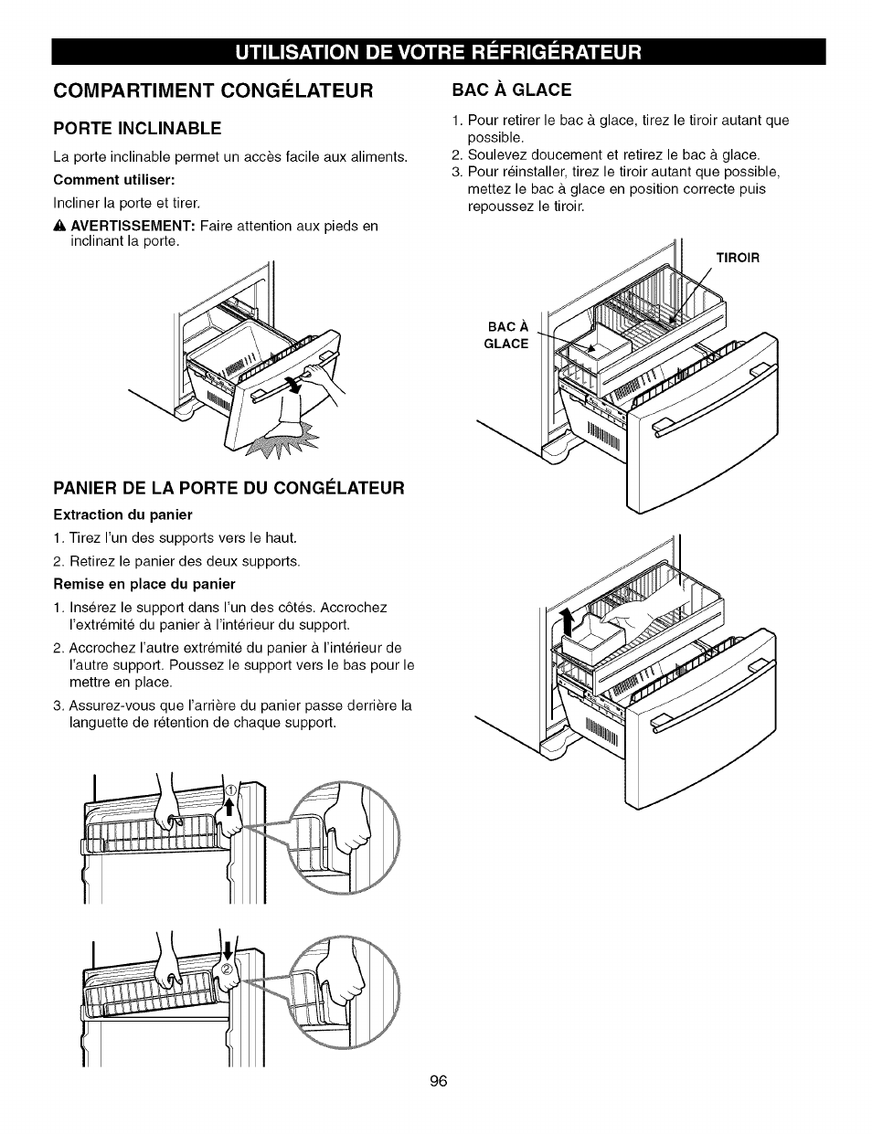 Compartiment congelateur, Porte inclinable, Panier de la porte du congelateur | Bac a glace | Kenmore TRIO 795.7757 User Manual | Page 96 / 115
