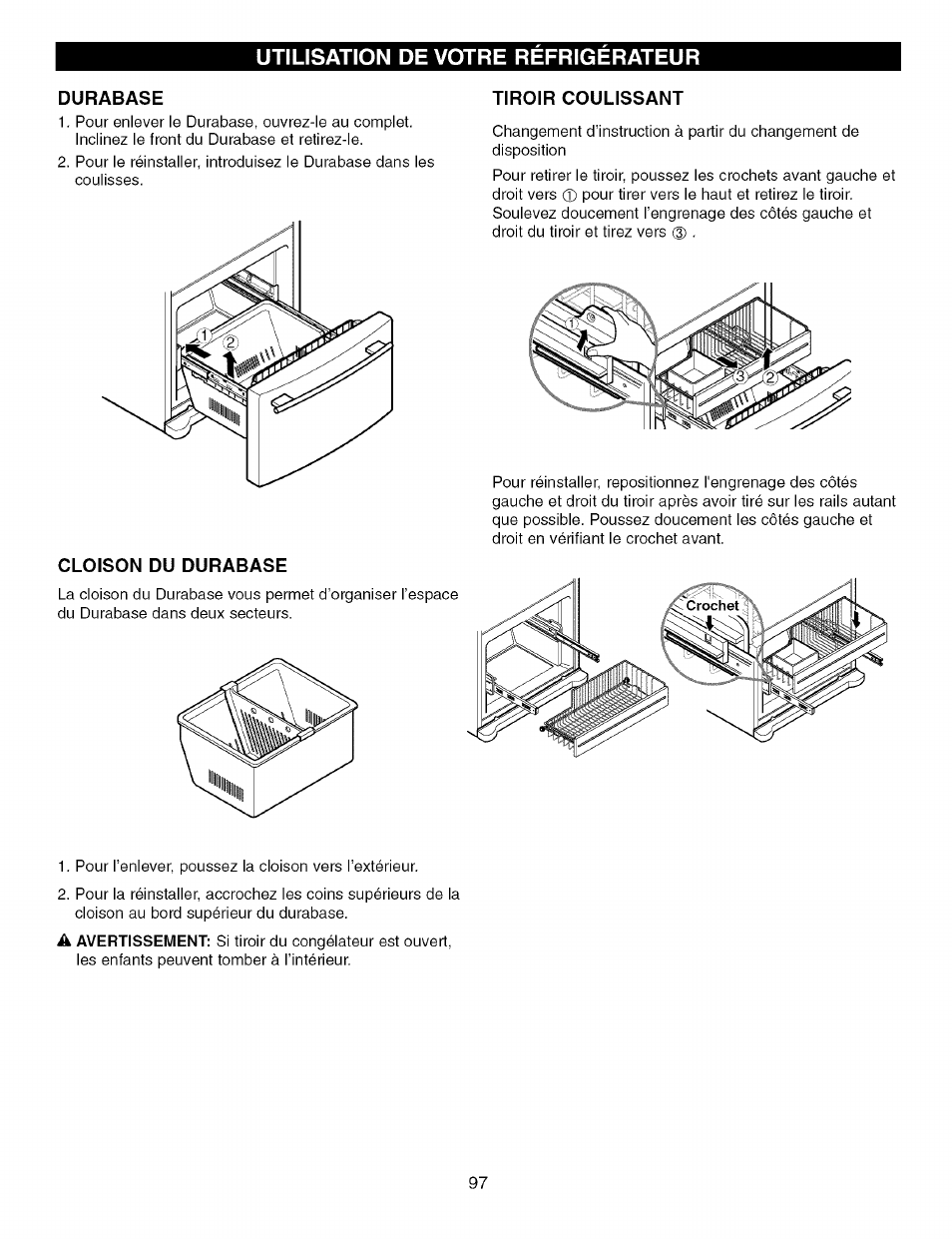 Durabase, Tiroir coulissant, Cloison du durabase | Utilisation de votre refrigerateur | Kenmore TRIO 795.7757 User Manual | Page 97 / 115