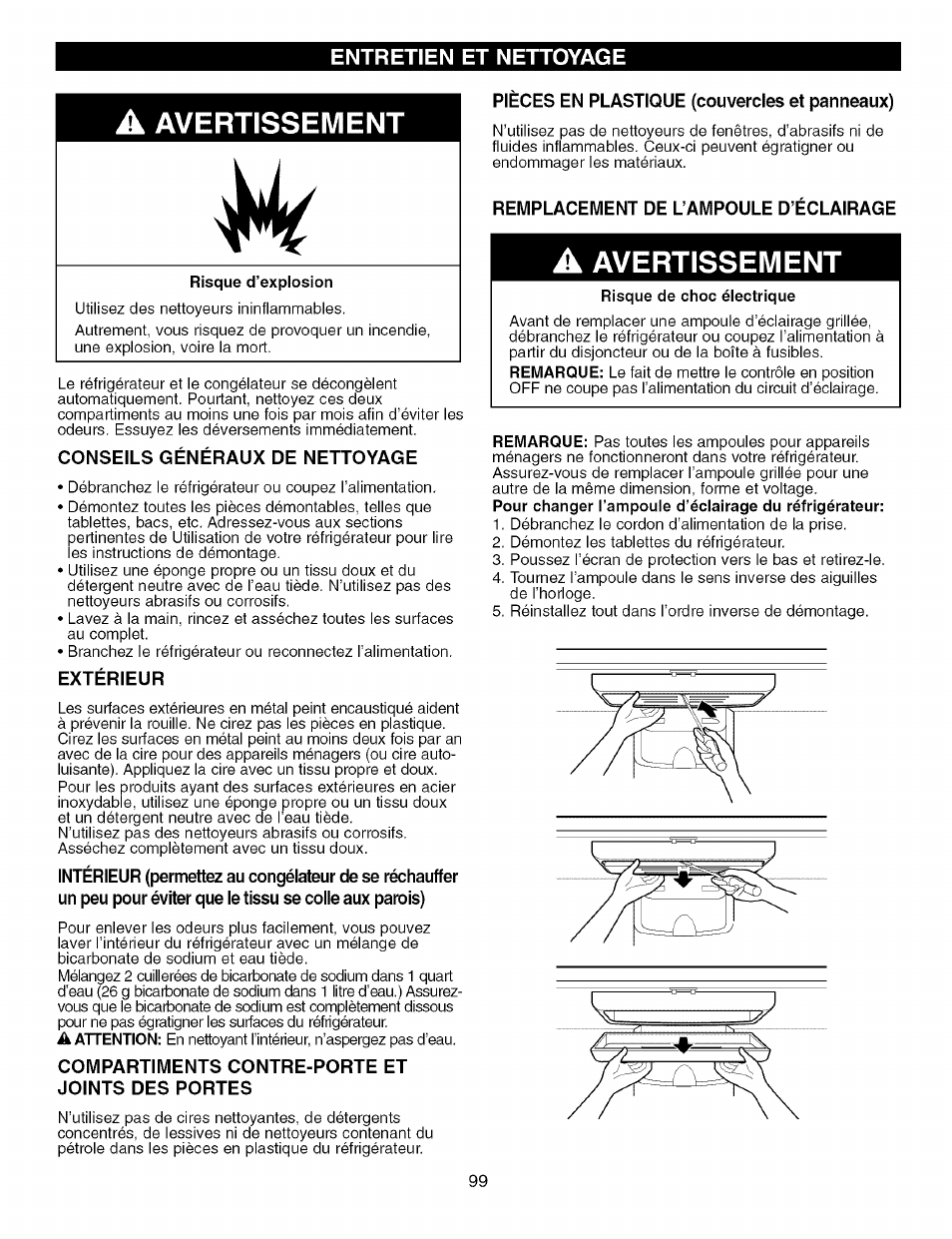 Conseils généraux de nettoyage, Extérieur, Compartiments contre-porte et joints des portes | Avertissement, A avertissement | Kenmore TRIO 795.7757 User Manual | Page 99 / 115