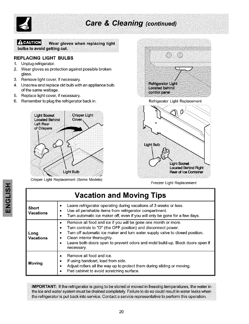 Cleaning, Care, Continued) | Vacation and moving tips | Kenmore 25354703404 User Manual | Page 20 / 24