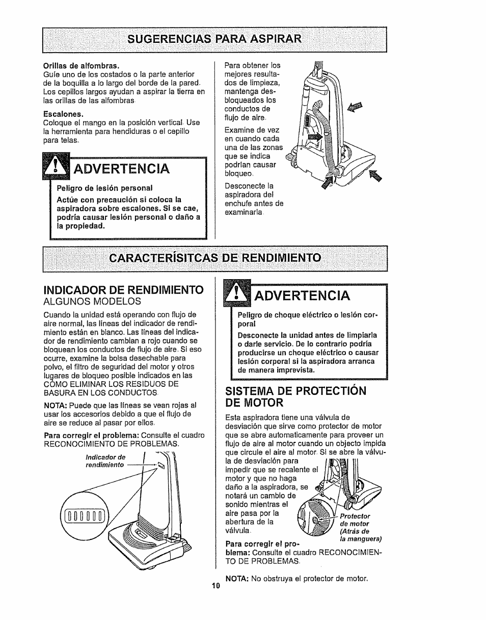 Indicador de rendimiento, Sistema de protection de motor, Advertencia | Kenmore 116.32289 User Manual | Page 32 / 44