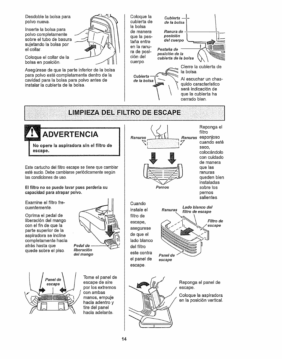Limpieza del filtro de escape, Advertencia | Kenmore 116.32289 User Manual | Page 36 / 44