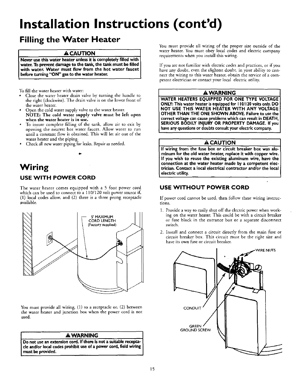Wiring, Use with power cord, Use without power cord | Installation instructions (cont’d), Filling the water heater, A caution, A warning, Awarning | Kenmore 153.335963 User Manual | Page 15 / 44