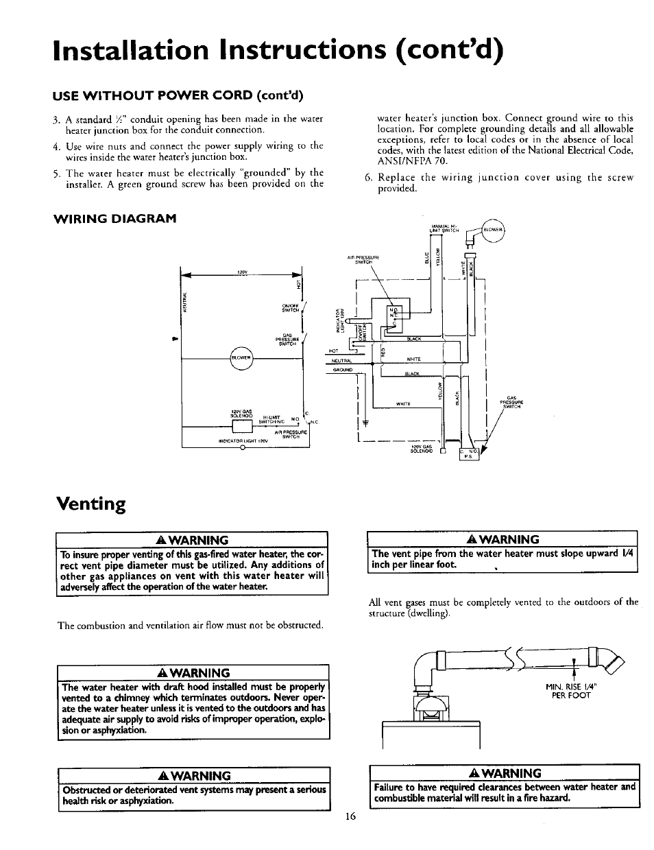 Use without power cord (cont’d), Wiring diagram, Venting | Awarning, Venting -21, Installation instructions (cont’d) | Kenmore 153.335963 User Manual | Page 16 / 44