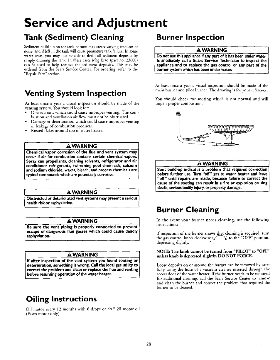Service and adjustment, Tank (sediment) cleaning burner inspection, Venting system inspection | Awarning, Burner cleaning, Oiling instructions | Kenmore 153.335963 User Manual | Page 28 / 44