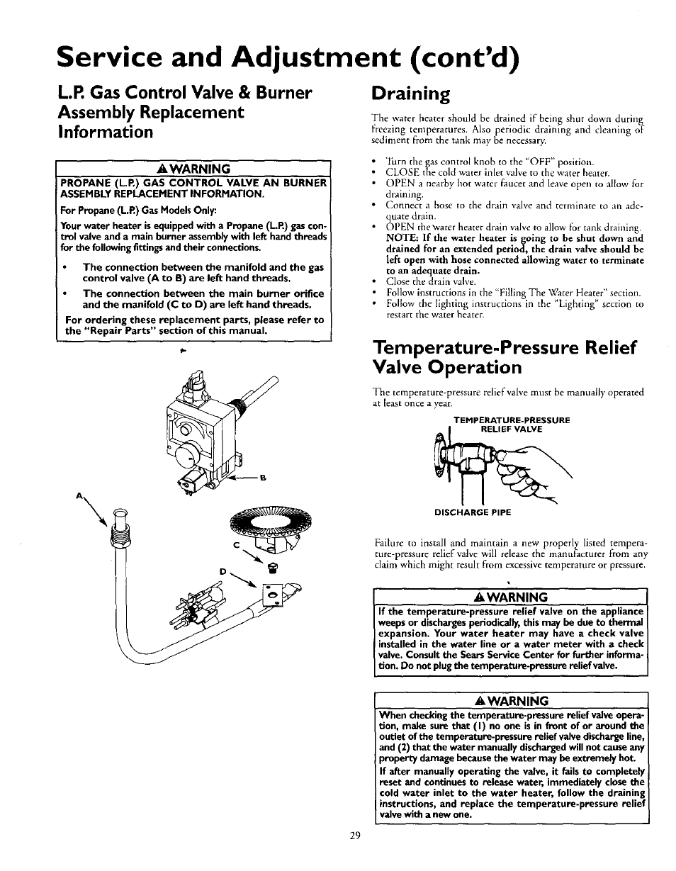 Service and adjustment (contad), Draining, A warning | Temperature-pressure relief valve operation, Awarning | Kenmore 153.335963 User Manual | Page 29 / 44