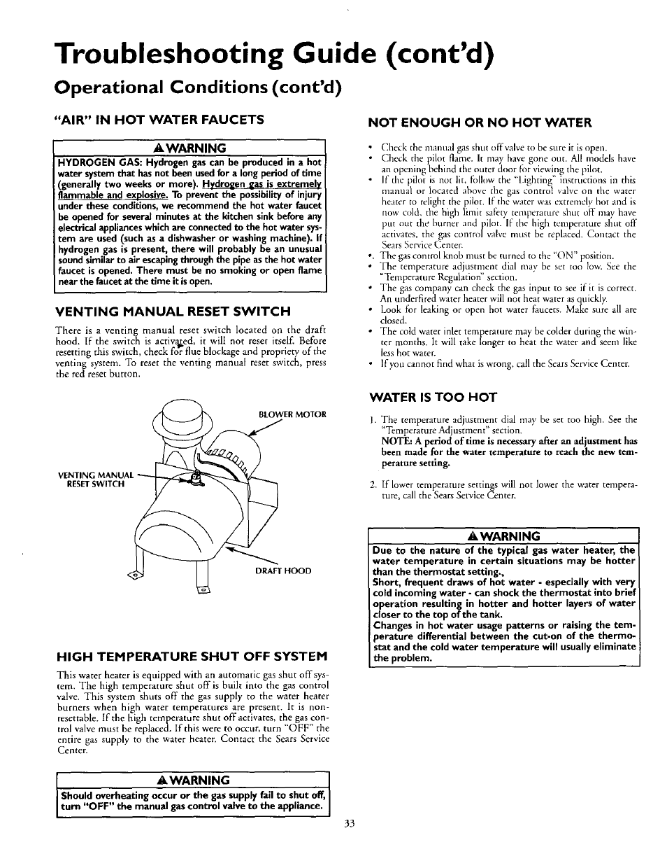 Troubleshooting guide (cont’d), Operational conditions (cont’d), Air” in hot water faucets | Venting manual reset switch, High temperature shut off system, Not enough or no hot water, Water is too hot, Awarning, Troubleshooting guide, Air” in hot water faucets awarning | Kenmore 153.335963 User Manual | Page 33 / 44
