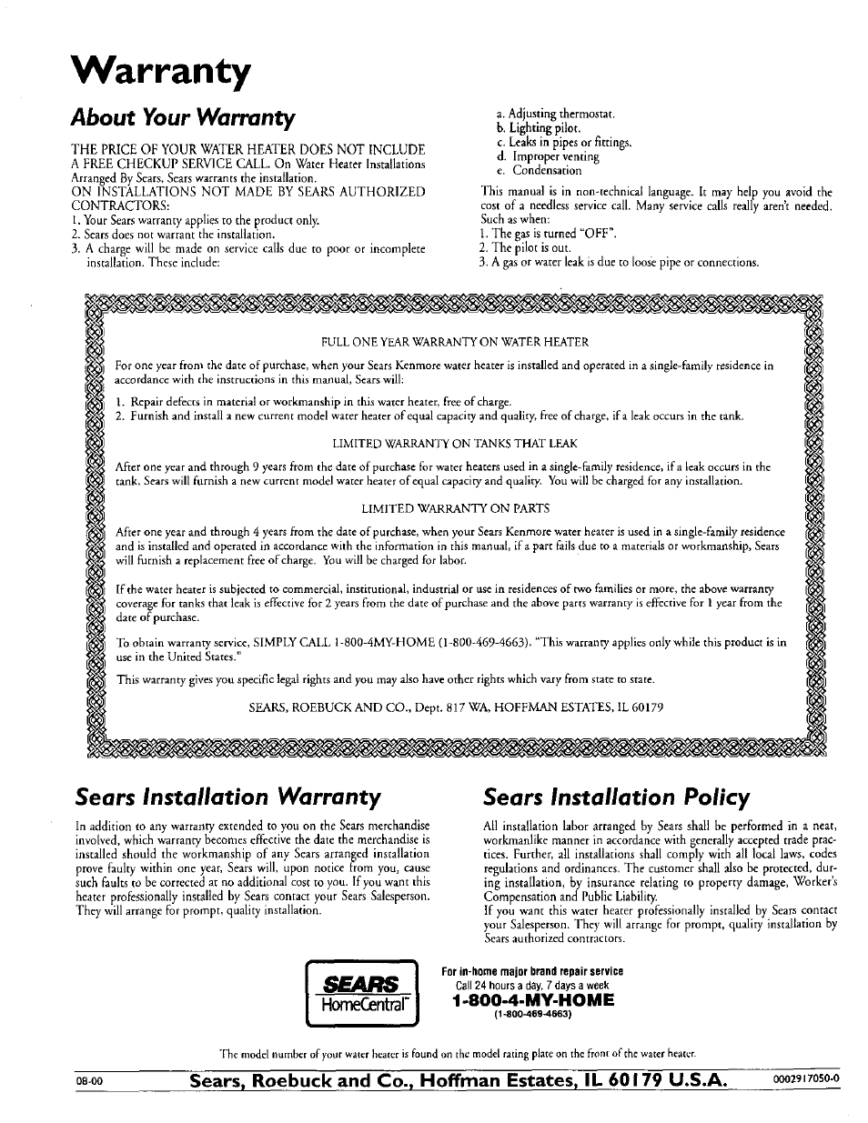 Warranty, About your warranty, Sears installation warranty | Sears installation policy, 80q.4-my-home, Homecentrar | Kenmore 153.335963 User Manual | Page 44 / 44