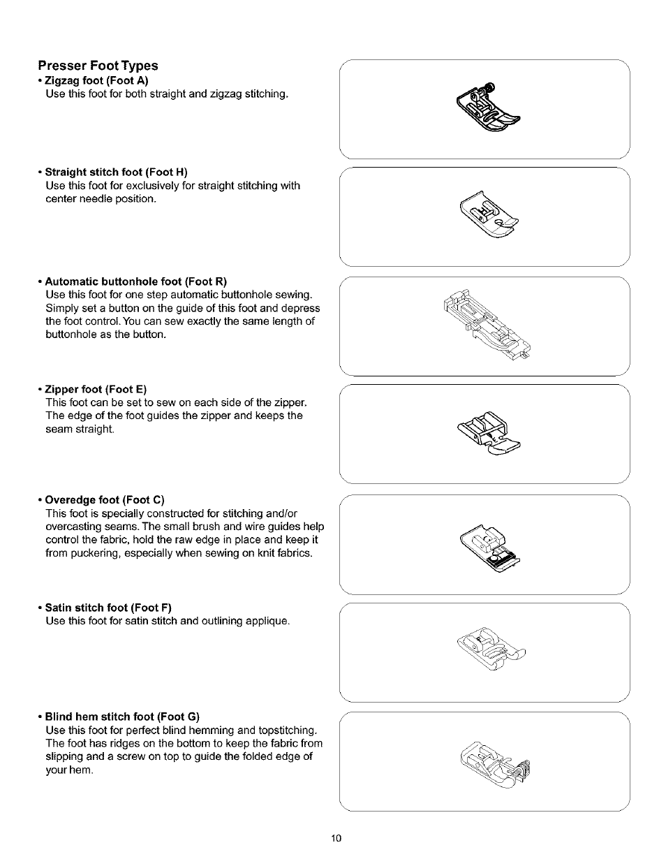Presser foot types, Straight stitch foot (foot h), Automatic buttonhole foot (foot r) | Zipper foot (foot e), Overedge foot (foot c), Satin stitch foot (foot f), Blind hem stitch foot (foot g), Presser foot lifter | Kenmore 200 User Manual | Page 16 / 90