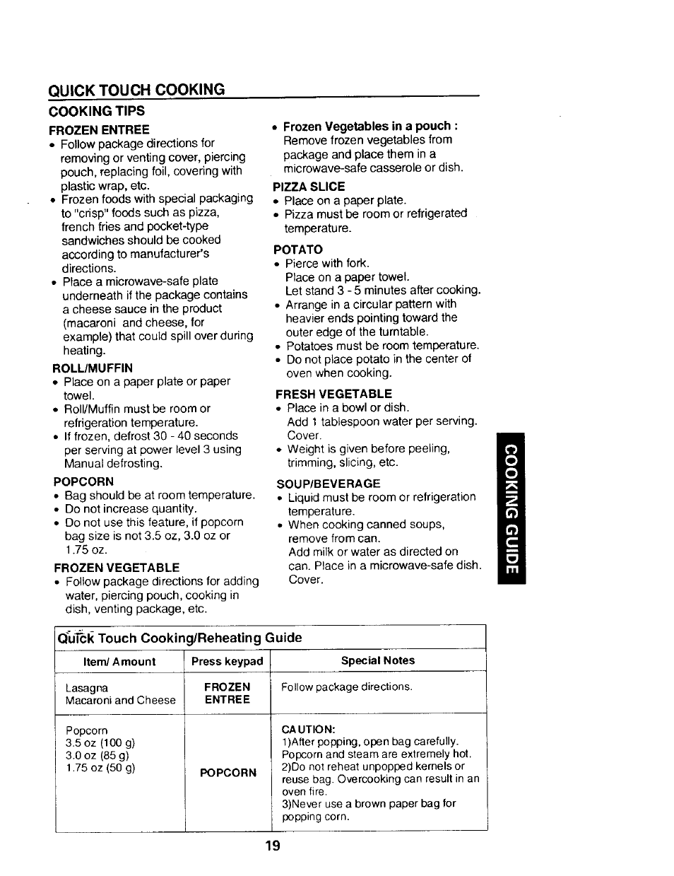 Quick touch cooking cooking tips, Frozen entree, Roll/muffin | Popcorn, Frozen vegetable, Frozen vegetables in a pouch, Pizza slice, Potato, Fresh vegetable, Soup/beverage | Kenmore 565.68301 User Manual | Page 19 / 30