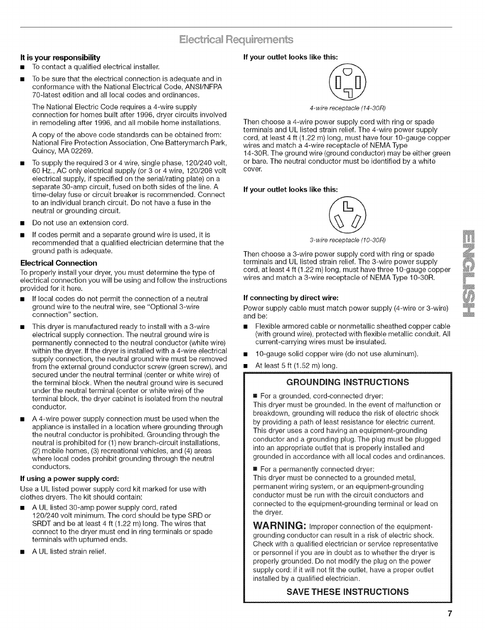 Fciecitncal i, It is your responsibility, Electrical connection | Yirbf'fi€irits, If your outlet looks like this, If connecting by direct wire, Warning | Kenmore ELITE OASIS 110.6707 User Manual | Page 7 / 56