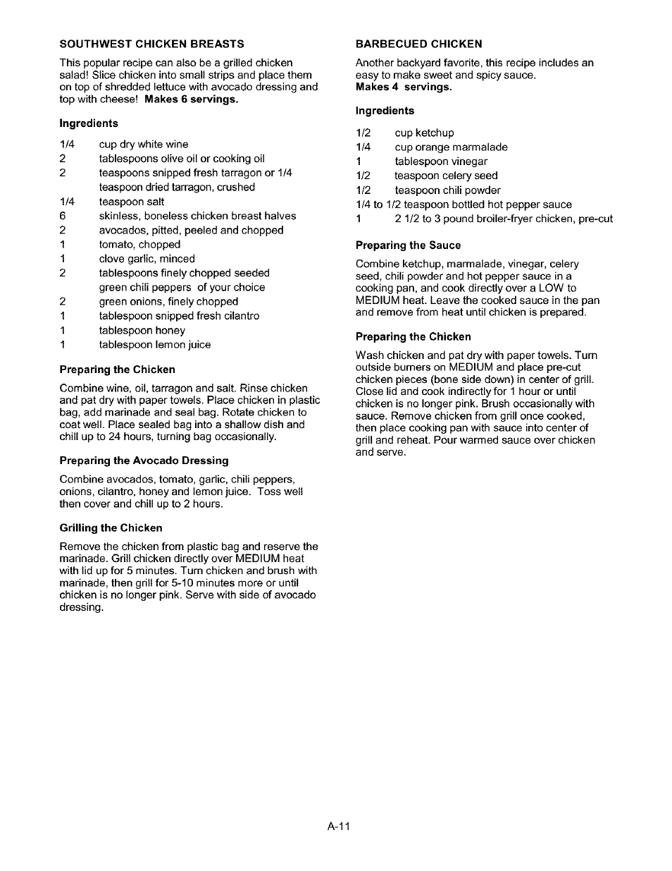 Ingredients, Preparing the chicken, Preparing the avocado dressing | Grilling the chicken, Preparing the sauce | Kenmore 141.17337 User Manual | Page 40 / 43