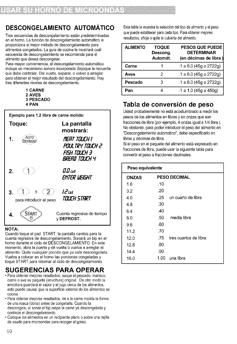 Descongelamiento automatico, Sugerencias para operar, Tabla de conversión de peso | Toque: la pantalla mostrará: 4, '