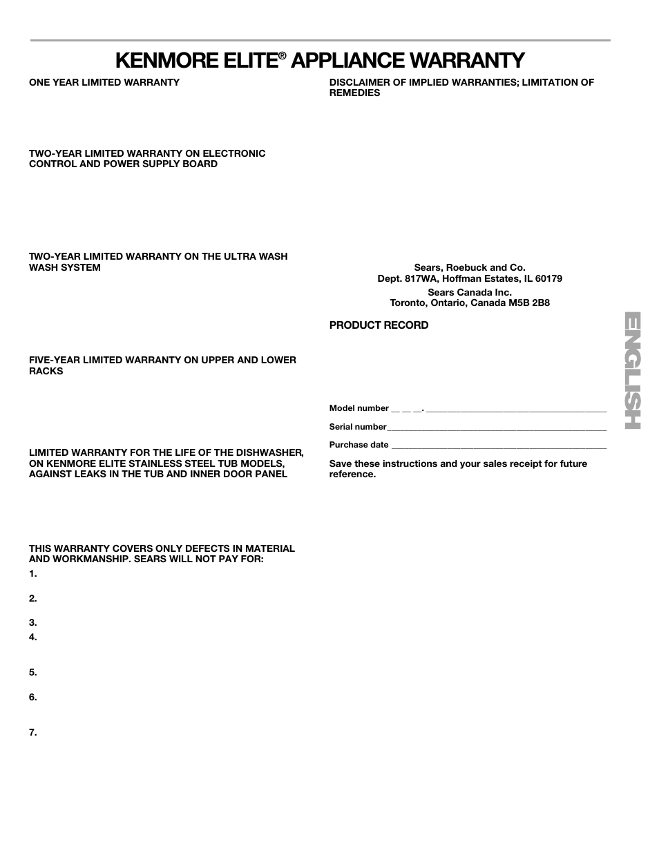 Kenmore elite, Appliance warranty | Kenmore 665.1376 User Manual | Page 3 / 23