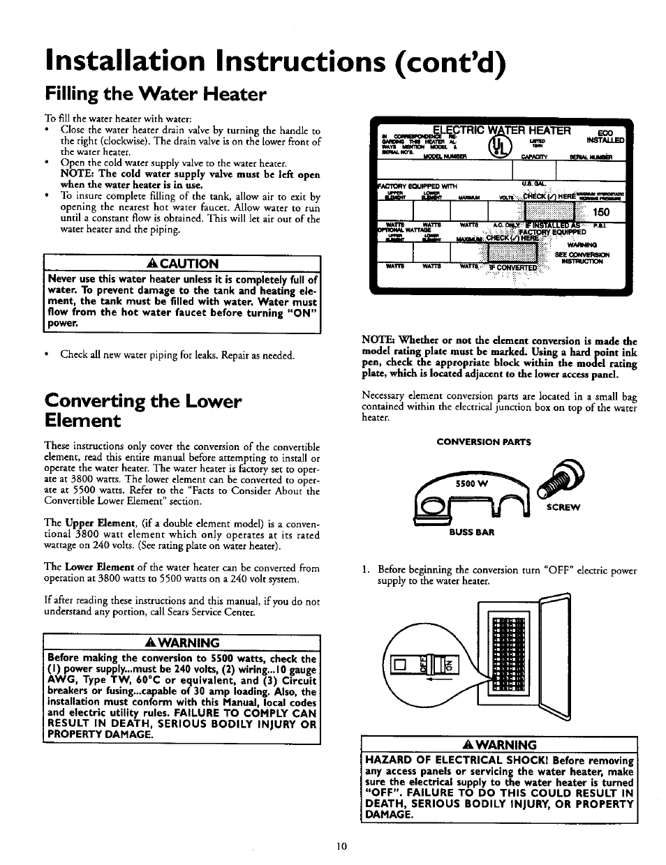 Installation instructions (cont*d), Filling the water heater, Converting the lower element | Removing the old water heater, Converting the lower element -12, L№ili, A caution, Awarning | Kenmore POWER MISER 153.327164 User Manual | Page 10 / 28