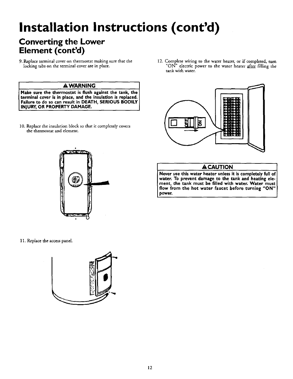 Converting the lower element (cont’d), Installation instructions (cont’d) | Kenmore POWER MISER 153.327164 User Manual | Page 12 / 28