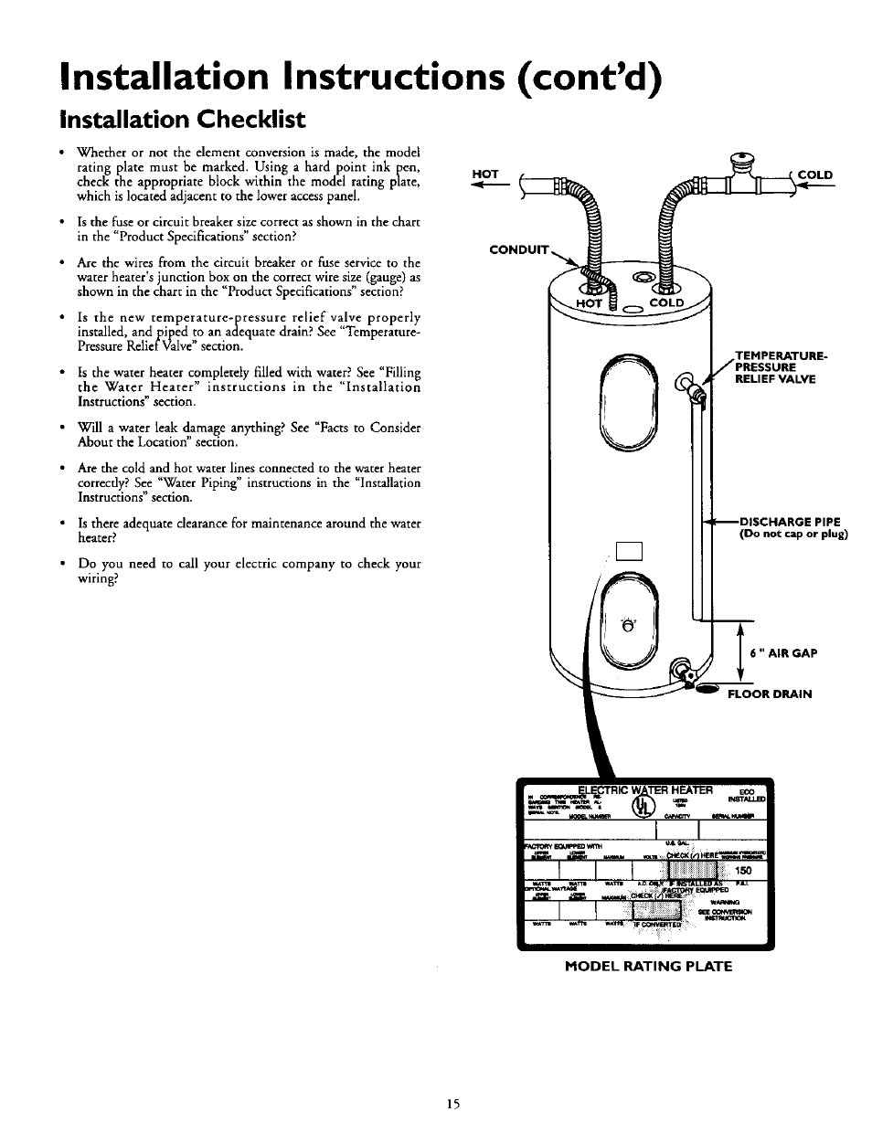 Installation instructions (cont’d), Installation checklist | Kenmore POWER MISER 153.327164 User Manual | Page 15 / 28