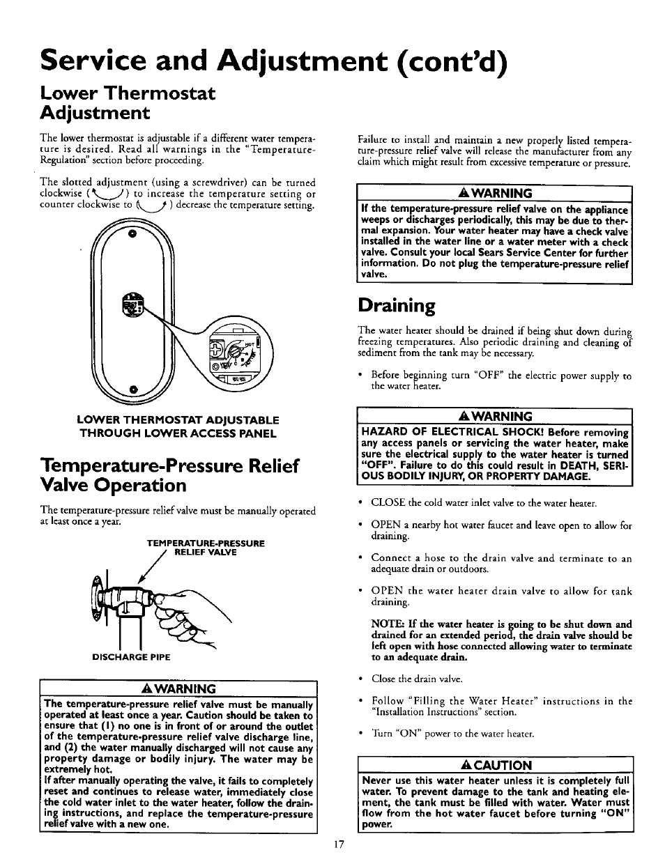 Lower thermostat adjustment, Temperature-pressure relief valve operation, Draining | Service and adjustment (cont’d) | Kenmore POWER MISER 153.327164 User Manual | Page 17 / 28