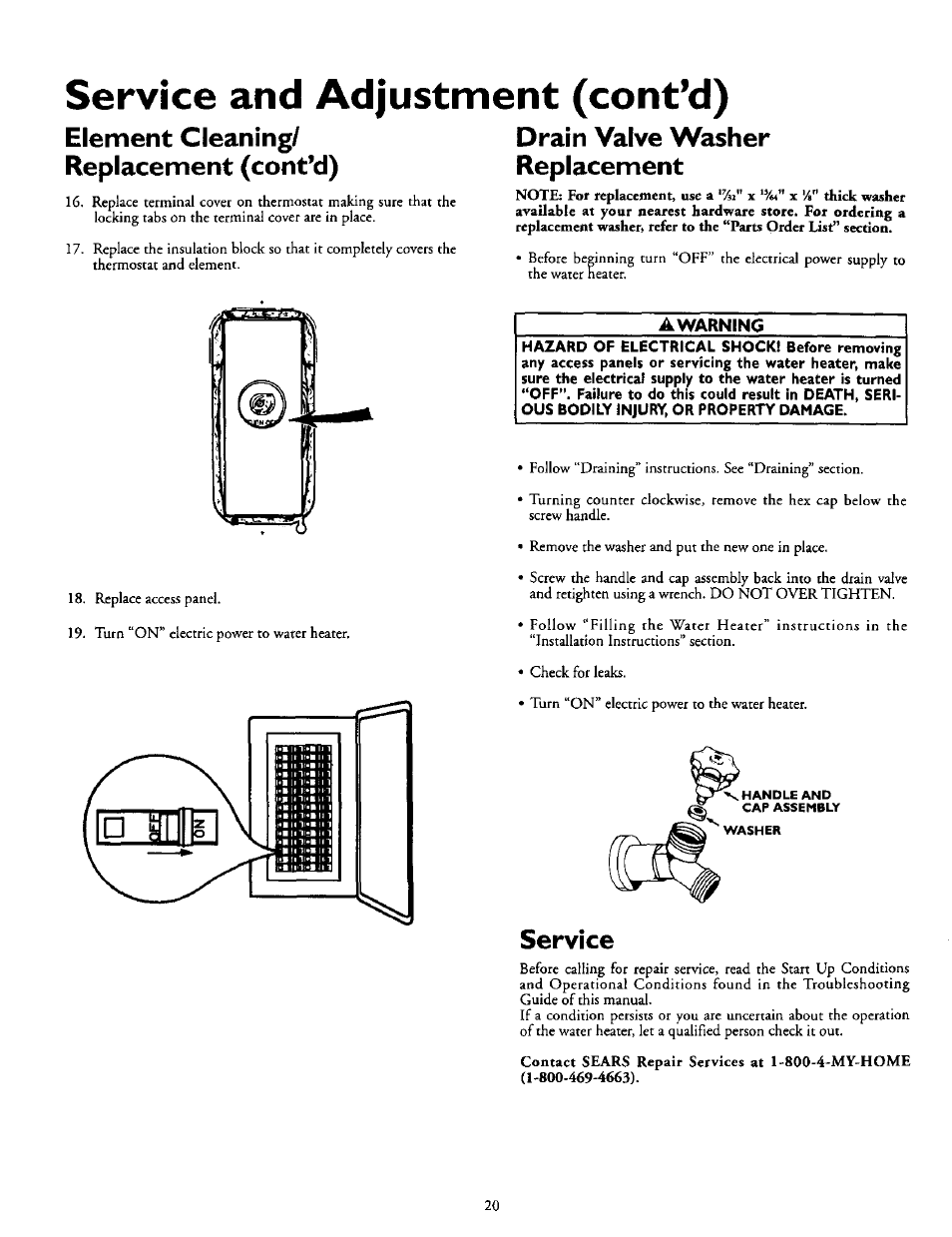 Element cleaning/ drain valve washer, Replacement (cont’d) replacement, Service | Service and adjustment (cont’d) | Kenmore POWER MISER 153.327164 User Manual | Page 20 / 28