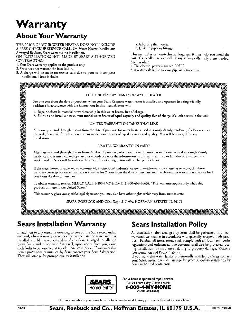 Warranty, About your warranty, Sears installation warranty | Sears installation policy, Homecentrar, 800-4-my-home | Kenmore POWER MISER 153.327164 User Manual | Page 28 / 28